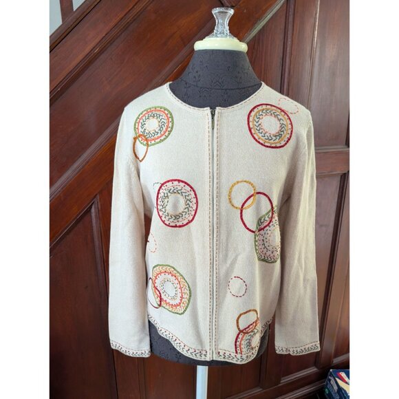 Alfred Dunner Petite PL Beige Cardigan Colorful Embroidered Circles Zip Front - Picture 1 of 4